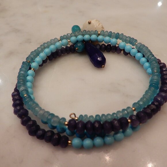 Spiral Blue Beaded Bangle Bracelet - Picture 3 of 3